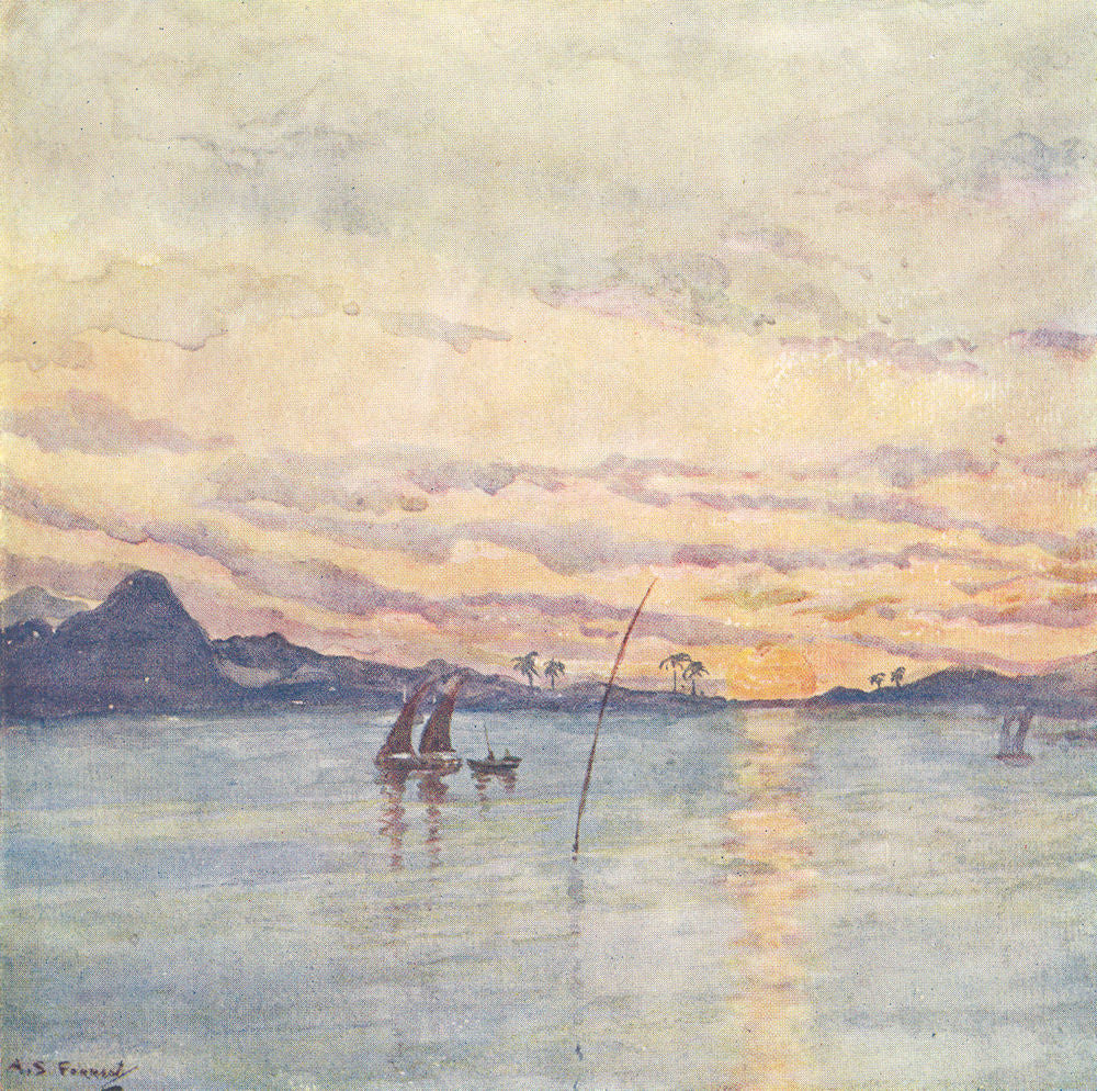 BRAZIL. Sunset in Rio Harbour 1908 old antique vintage print picture